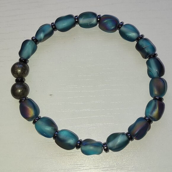 Blue Waters Bracelet Vintage Elastic Double Round Beaded Accent Boho Academia - Picture 1 of 6